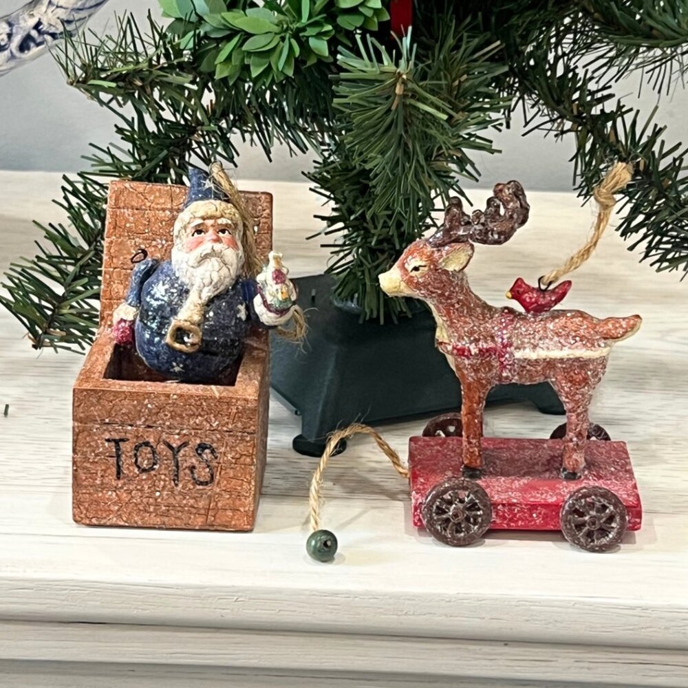 Vintage Glitter Santa Jack In The Box Reindeer Pull Toy Christmas Ornaments Lot